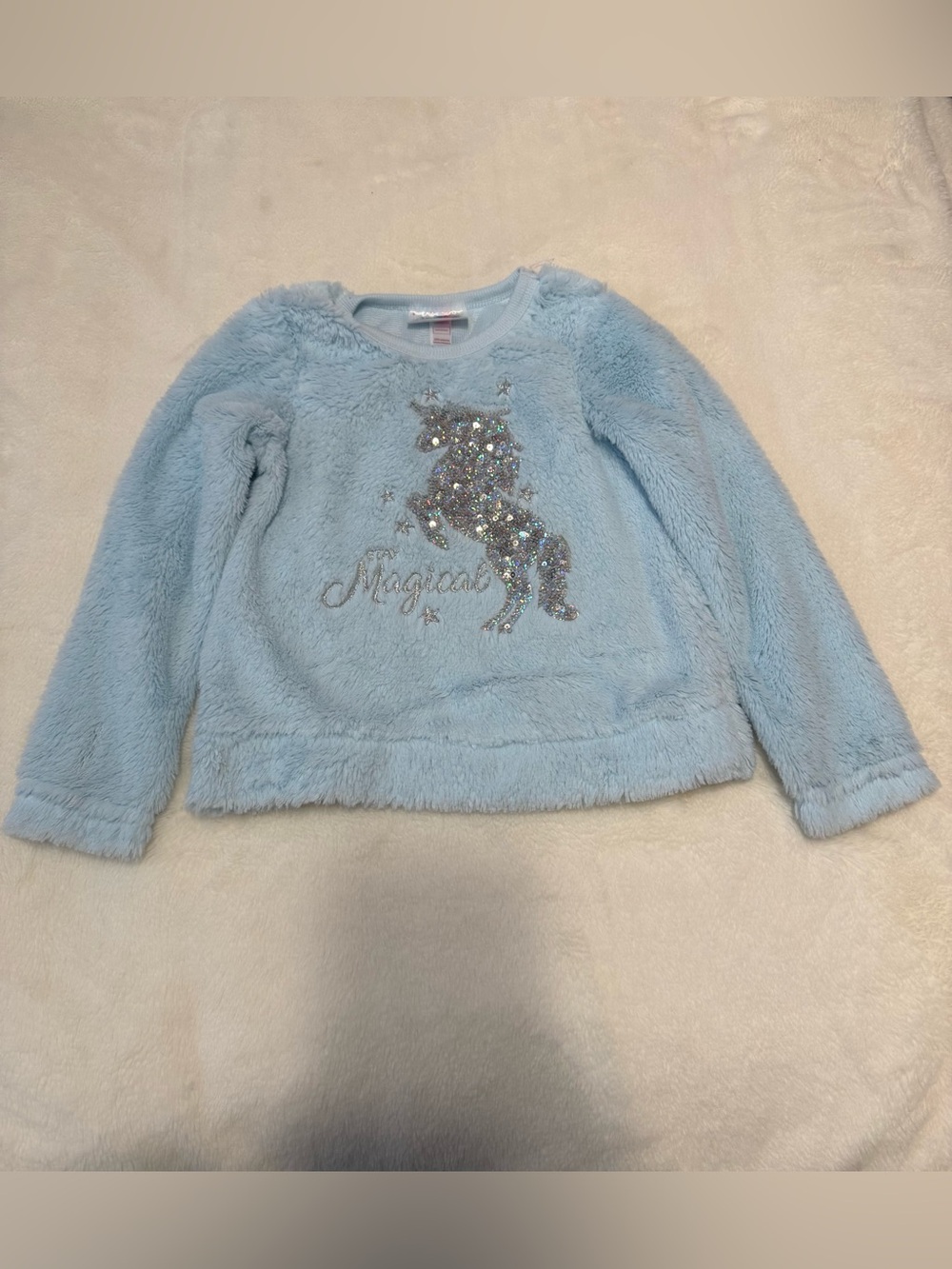 Magic Light Blue Plush Unicorn Sweatshirt for Kids, Size 4
